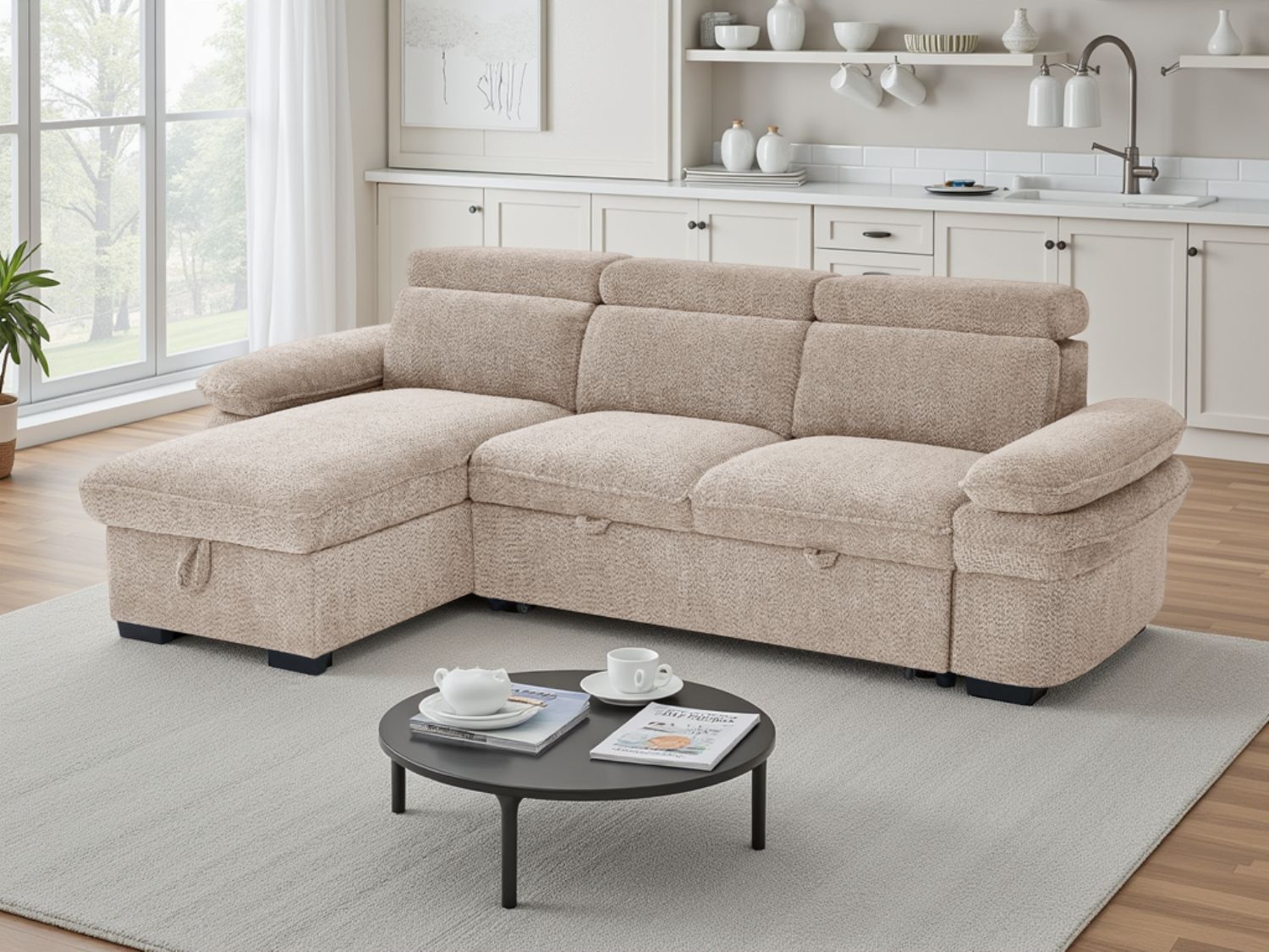 Beige Fabric Universal Corner Sofabed with Adjustable Arms